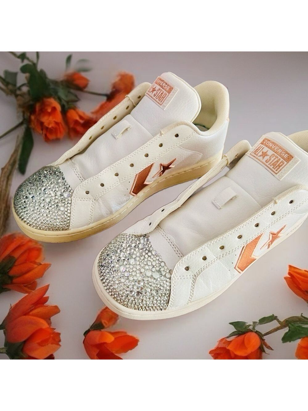 Converse Rose Gold White Sneakers Large Rhinestone Accents - Picture 3 of 8
